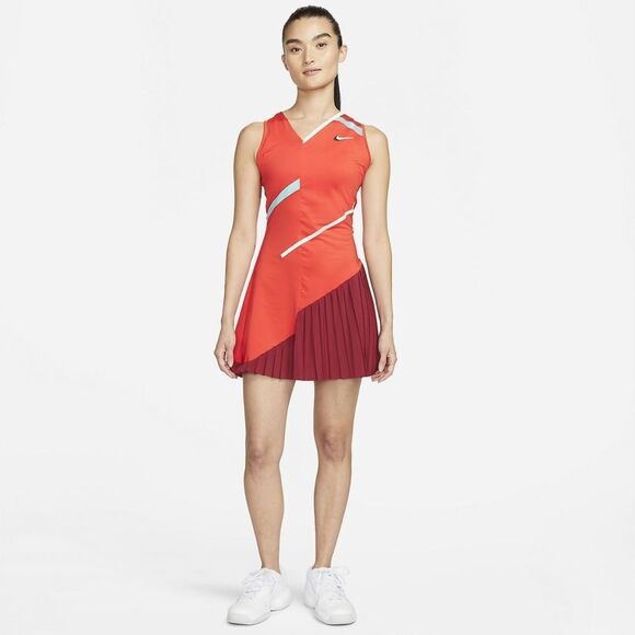 NWT Nike Court Slam Dress Habanero Red Dri-Fit Adv Tennis Sz S Pleated Ruffle - Picture 2 of 13